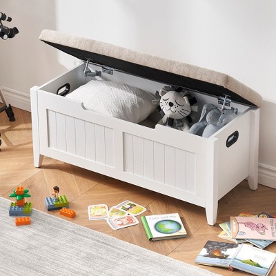 Whizmax Storage Chest, Upholstered Storage Trunk with 2 Safety Hinges, Storage Bench, Flip-Top Toy Chest for Entryway, Bedroom, Living Room, White