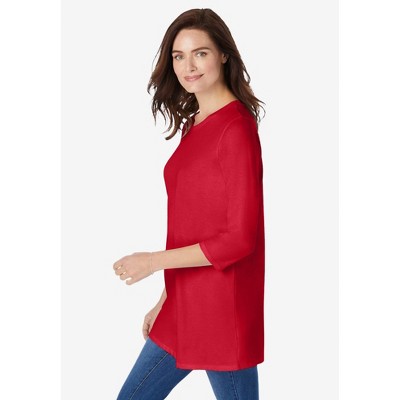 Woman Within Women's Plus Size Perfect Three-Quarter Sleeve Crewneck Tunic - 18/20, Classic Red
