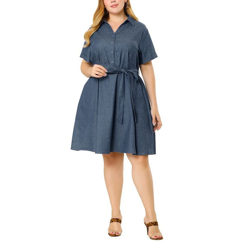 Agnes Orinda Women's Plus Size Relaxed Fit Buttons Belted Short Sleeves Chambray Shirtdress, 2 of 7