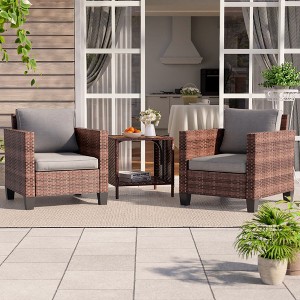 Sonkuki 3-Piece Patio Sofa Set Outdoor Wicker Rattan Furniture Set Conversation Set with Side Table, Cushions - 1 of 4