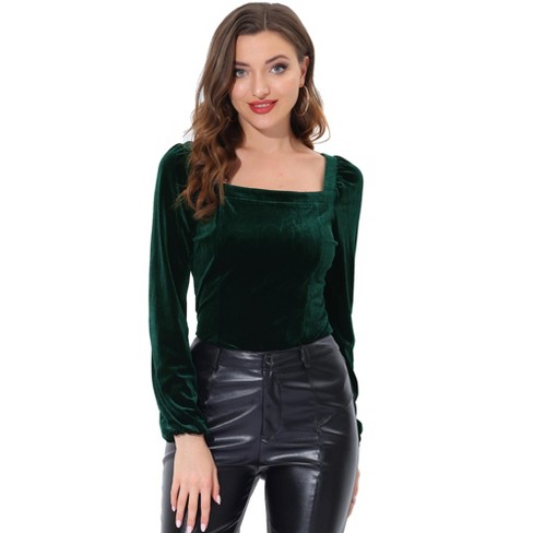 Allegra K Velvet Blouse for Women's Elegant V Neck Long Sleeves