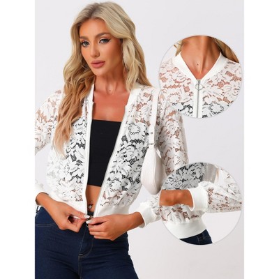 Allegra K Women's Stand Collar Zip Up Sheer-Mesh Lace Bomber Jacket White Large — фото 2