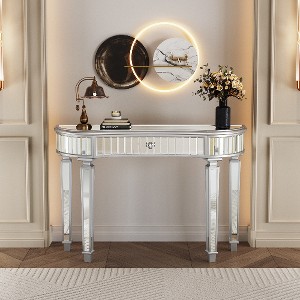 Lyngins 47" Crescent Console Table, Half-Moon Fluted Mirrored Entryway Table, Silver Bedroom Vanity Desk, Crystal Knob Drawer, Sofa Side Table - 1 of 4