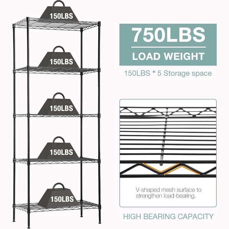 SKONYON 5 Shelf Wide Wire Shelving Adjustable Metal Storage Shelf Unit Storage Rack Black, 5 of 12
