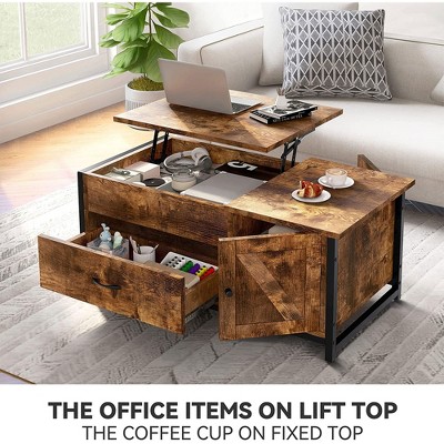 Rustic Brown Lift-Top Coffee Table with Storage Drawer and Cabinet