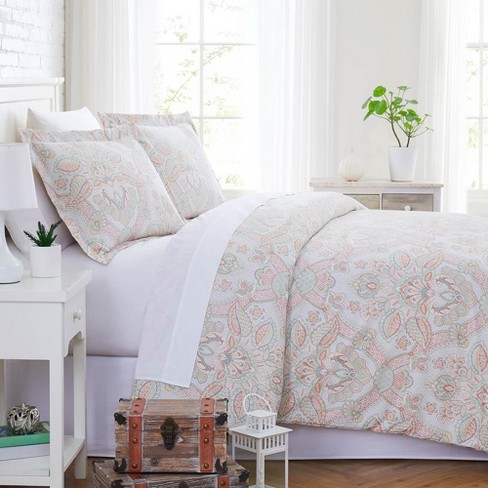 Southshore Fine Living Perfect Paisley Easy Care 4-Piece ultra-soft Sheet  Set White-Coral Queen