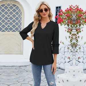Womens Cute Notch V Neck T Shirts Ruffle 3/4 Length Sleeves Blouses Casual Loose Eyelet Tunics - 1 of 4