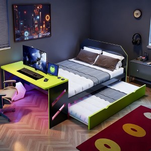 Luxystar Full Size Daybed with Built-in Desk, USB Charging & Twin Trundle, Space-Saving Multifunctional Bed for Guest Room and Gaming - 1 of 4