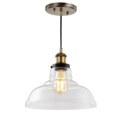 11" Metal/Glass Litchfield Farmhouse Pendant (Includes Energy Efficient Light Bulb) Brass - JONATHAN Y