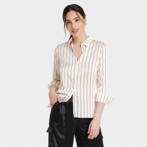 Women Top, V Neck Casual Fit Blouse Polyester Button Up for Dating