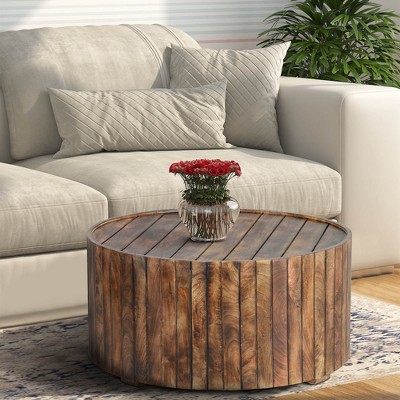 Royal Hampton 34 Inch Handmade Wooden Round Coffee Table with Plank Design