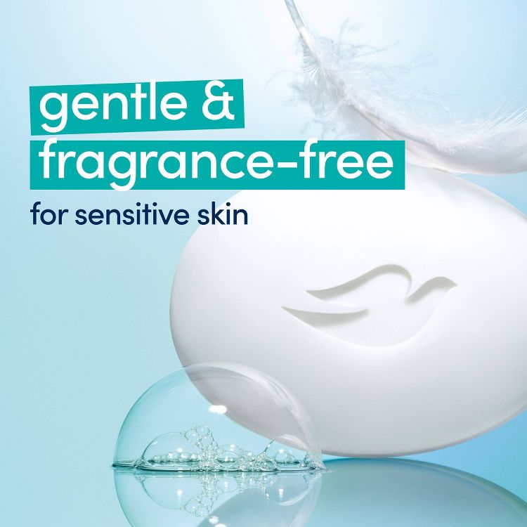 Text reads: gentle & fragrance-free for sensitive skin. A white Dove soap bar with feather and bubble elements, evoking purity and gentleness. 