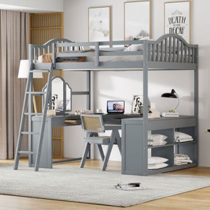 YOOCOZZ Full-Wooden Loft Bed with U-Shaped Study Desk, Built-In Storage and 3-Panel Mirror - Gray - 1 of 4