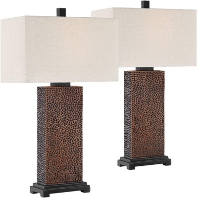 360 Lighting Modern Table Lamps Set of 2 Speckled Brown Column Rectangular Fabric Shade Living Room Bedroom Bedside Office Family