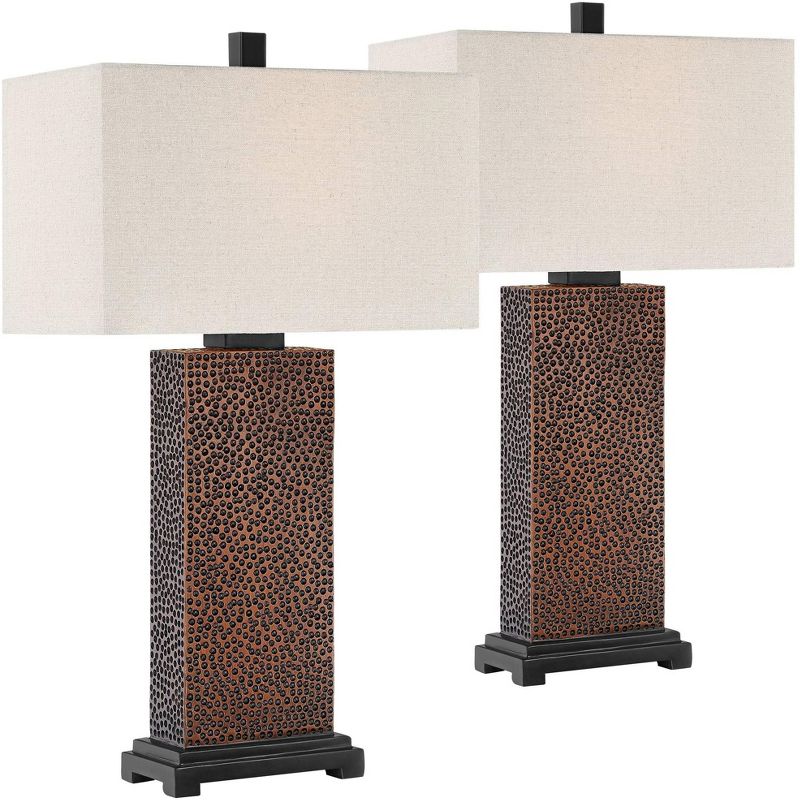 360 Lighting Caldwell Rustic Farmhouse Table Lamps 24.75" High Set of 2 Bronze Hammered Fabric Rectangular Shade for Bedroom Living Room Bedside, 1 of 8