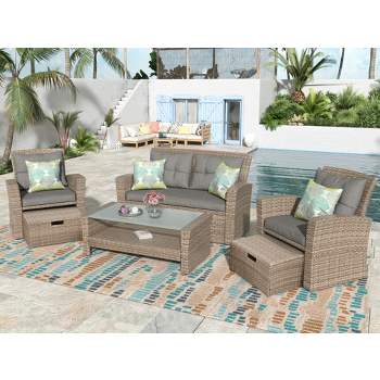 Eden 6 Piece Outdoor Conversation Set All Weather Wicker Sectional Sofa with Ottoman and Cushions Patio Furniture Set-Maison Boucle