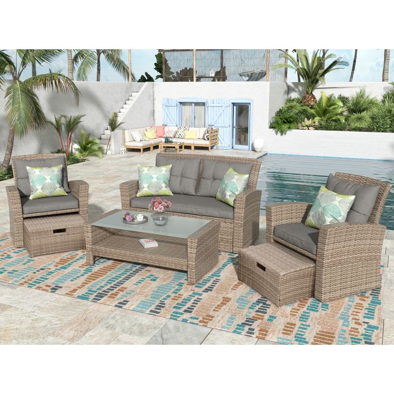 Eden 6 Piece Outdoor Conversation Set All Weather Wicker Sectional Sofa with Ottoman and Cushions Patio Furniture Set-Maison Boucle, 1 of 11