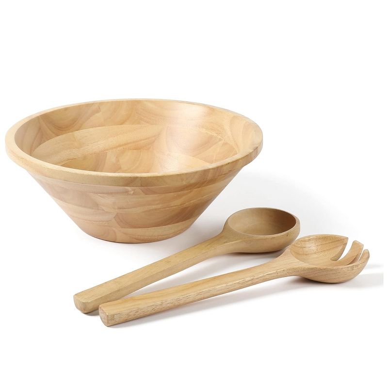 Martha Stewart Coban 3 Piece Rubber Wood Salad Bowl and Servers Set in Light Brown, 3 of 6