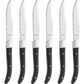 Amefa Royal Steak Knives, Set of 6, Premium Hardened Stainless Steel, Triple Rivet Black Ergonomic Handle Design, Serrated Edge 4" Blade Steak Knife