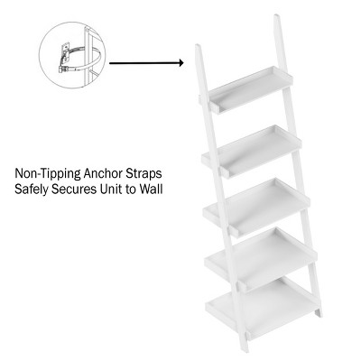 White 5-Tier Wood Ladder Bookshelf for Storage