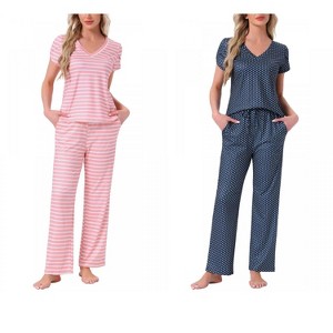 INSPIRE CHIC Women's 2 Pcs Short-Sleeve V-neck Tee & Drawstring Pants Pajama Sets with Pockets - 1 of 4
