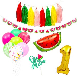 Blue Panda 47 Piece 1st Birthday Decorations for Girls, One in a Melon Banner, #1 and Watermelon Balloons, Cake Topper - 1 of 4