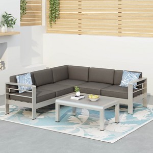 Christopher Knight Home Cape Coral Outdoor V-Shape Aluminum 5 Seater Sectional Sofa Set with Water-Resistant Cushions - 1 of 4