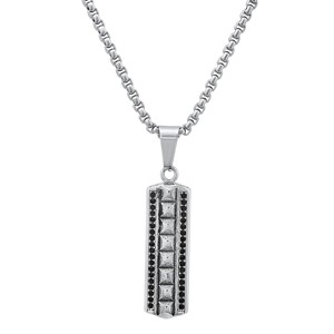 Steeltime 24" Men's stainless steel and simulated black diamonds long bar studded pendant - 1 of 4