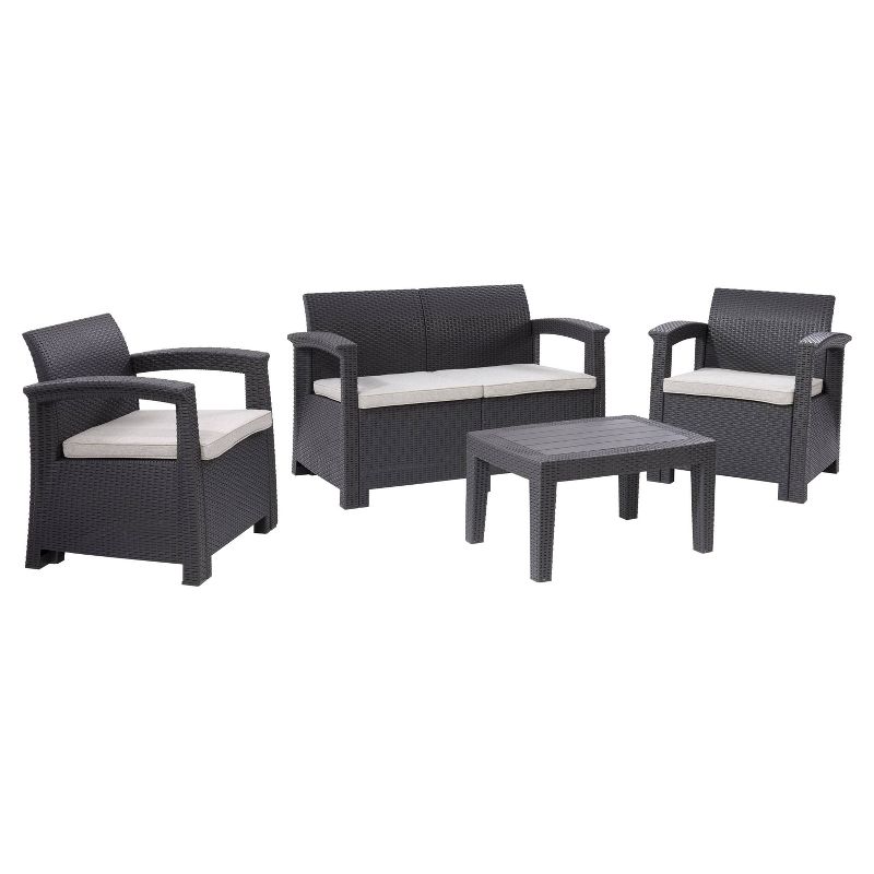 Lake Front 4pc  Rattan Patio Set with Cushions - Black/Gray - CorLiving, 4 of 10