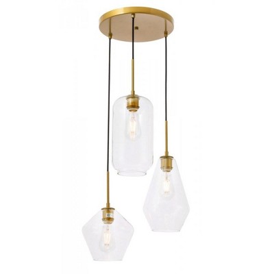 Elegant Lighting Gene 3 light Brass and Clear glass pendant