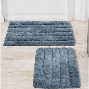 Home Mart Goods 2 Piece Set Soft Plush Thick Denim Blue Solid Striped Bathroom Mat - 1 of 4