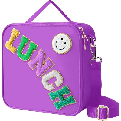 Insulated Lunch Bag With Adjustable Shoulder Strap, Nylon Preppy Lunch Box Reusable Lunch Tote Bag with Smiley Preppy LunchBag for Girls School