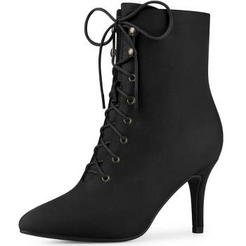 Perphy Women's Pointy Toe Side Zipper Lace Up Stiletto Heel Ankle Boots