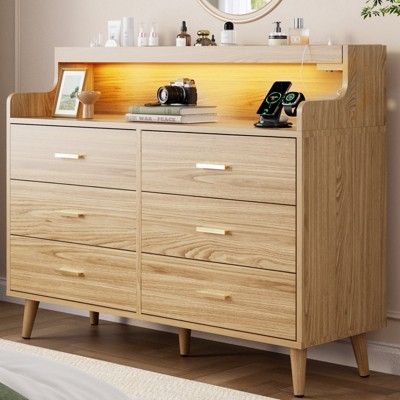 WOWLIVE 6 Drawer Dresser with 2-Tier Open Shelf, Wooden Dresser with Power Outlet & LED Lights, Chest of Drawers Dresser for Bedroom