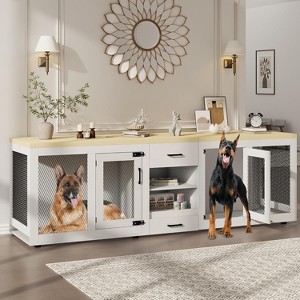90" Extra Large Wooden Dog Crate Furniture for 2 Dogs - Heavy Duty Double Kennel w/ Feeding Drawer & Storage Shelves - 1 of 4