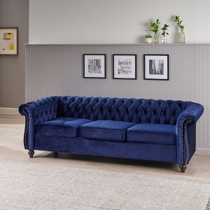 84.75" Velvet Tufted Chesterfield 3-Seater Sofa with Low-Profile Design, Turned Legs and Diamond Stitching - 1 of 4