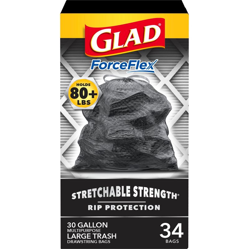 Glad ForceFlex Large Drawstring Black Trash Bags - 30 Gallon - 34ct, 1 of 14