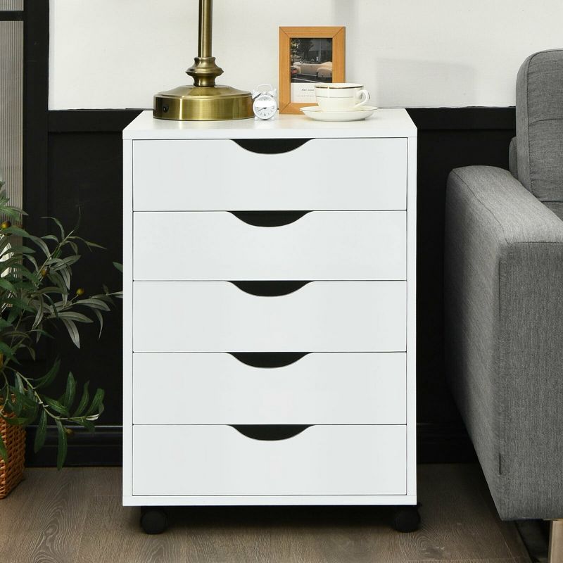 Costway 5 Drawer Dresser Storage Cabinet Chest w/Wheels for Home Office White, 4 of 11