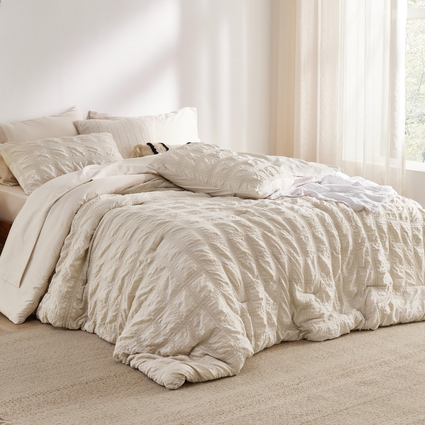 Комплект постельного белья Bedsure 7 Pcs Plaid Seersucker Bedding Set Queen Size Beige, цвет: Бежевый — фото 3