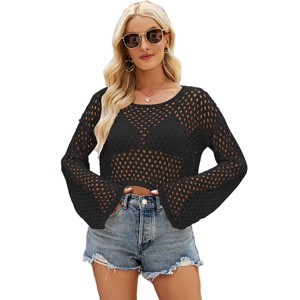 Sheer Crochet Cover-Up Tops with Bell Sleeve Round Neck Lightweight Beach Cover Ups Crochet Knit Loose Fit Hollow Out Cropped Sweater Tops - 1 of 4