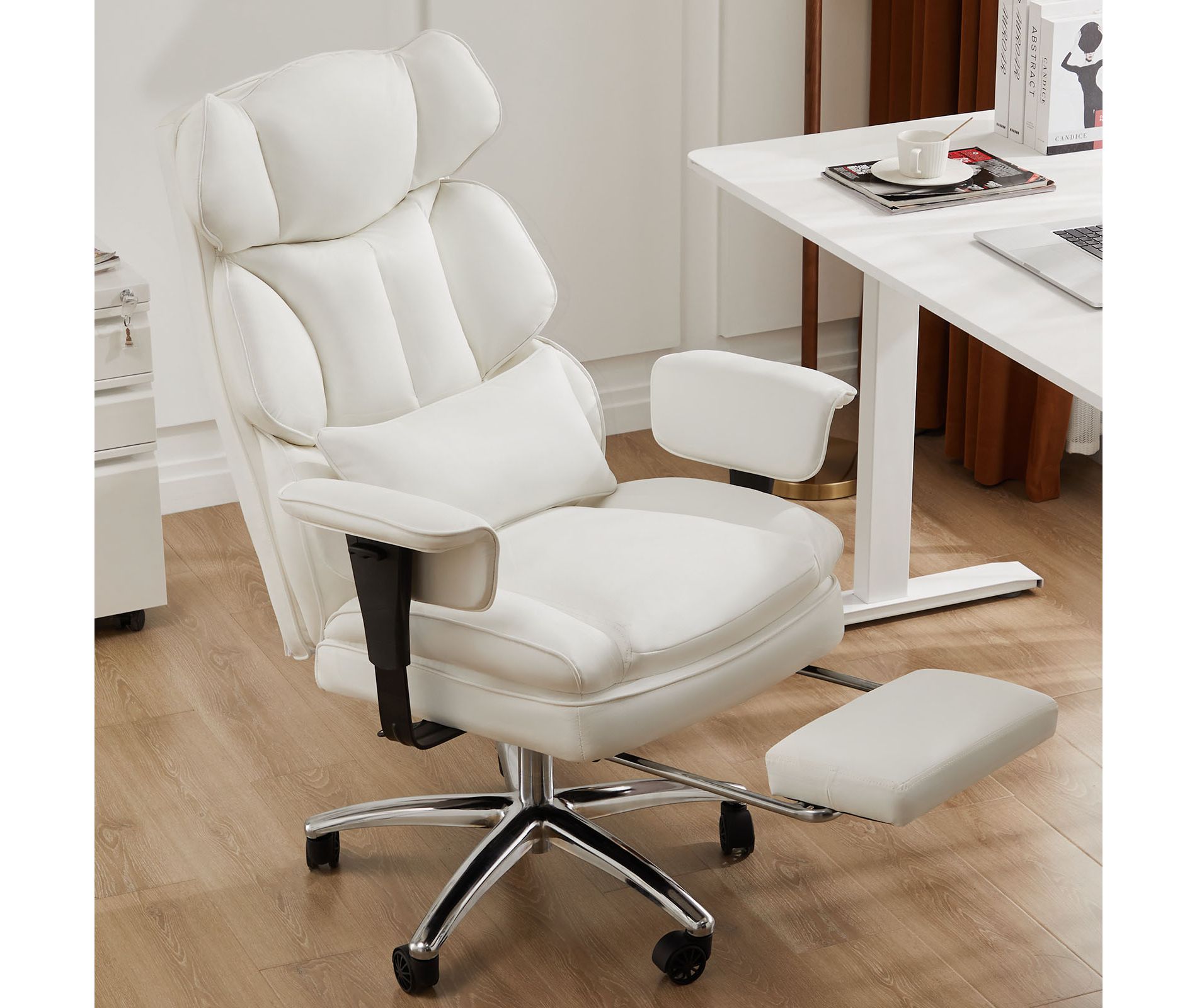 Bestier Executive Office Chair, PU Leather Big and Tall Office Desk Chair with Footrest Lumbar Support, Adjustable Reclining Height, White