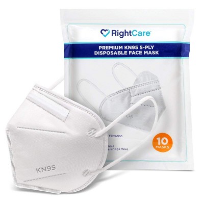 RightCare KN95 Protective Face Mask (Non-Medical) 99% Filter Efficiency 5-PLY mask with Ear Loops and Shapeable Nose Bridge, 10 Pack - White
