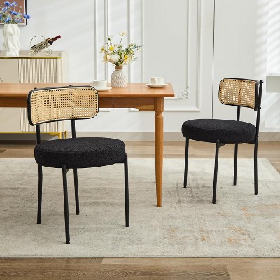 DYHOME Dining Chairs, Dining Room Chairs Set of 4 with Rattan Cane Back, Upholstered Modern Boucle Dining Chairs with Black Metal Legs