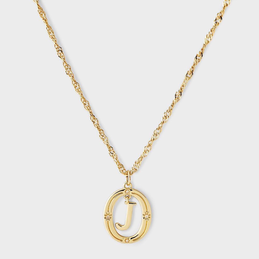 Photos - Pendant / Choker Necklace 14k Gold Dipped Cubic Zirconia Letter "J" Open Oval Initial Pendant Necklace - A New Day™ Gold