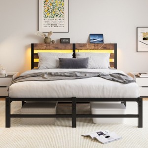 Queen Size Metal Bed Frame with Wooden Headboard, RGB Lights,Charger, Storage Shelf, Noise-Free, No Box Spring Needed,Rustic Brown - 1 of 4