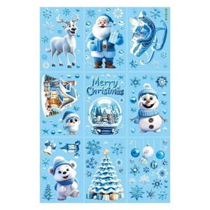 Reusable Christmas Window Clings, 9 Sheets Blue Themed Static Stickers with Santa Reindeer Snowman for Holiday Winter Decoration - 1 of 4