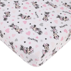 NoJo Disney Minnie Mouse My Happy Place Pink, Black, Gray, and White 100% Cotton Nursery Fitted Crib Sheet - 1 of 4