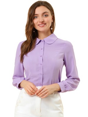 Allegra K Women's Work Peter Pan Collar Long Bishop Sleeve Button Down Shirt