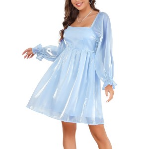 Coolmee Women's Mesh Ruffle Long Sleeve Square Neck Dress High Waist A Line Flowy Casual Party Mini Dress - 1 of 4