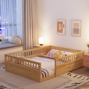 Full Floor Bed Frame with Fence, Wood Kids Floor Beds Frame for Bedroom Playroom - 1 of 4